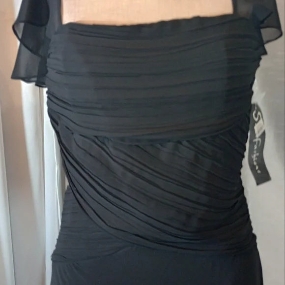 S.L Fashions Tag Maxi Dress, Black, Fohrmal Square Neck, Pleated, Sheer, 8 - Picture 14 of 15